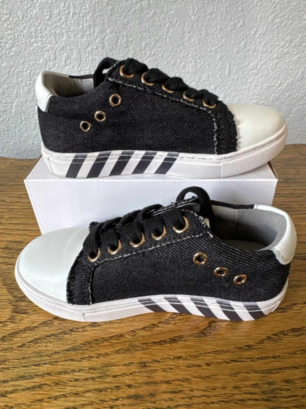 Ruby Label black denim sneakers white leather accents kids size 27 US 10